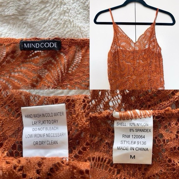 Mind Code | Copper Orange Sheer Elastic Lace Cami Bodysuit Low Back | Size M - Picture 3 of 3
